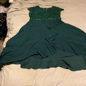 Green lace midi dress with small ruffle down front